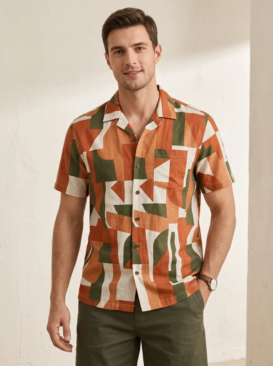 Men's Geometric Abstract Relaxed Printed Short Sleeve Shirt