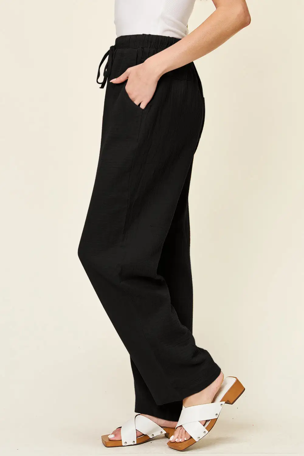 Daily Full Size Texture Drawstring Straight Pants