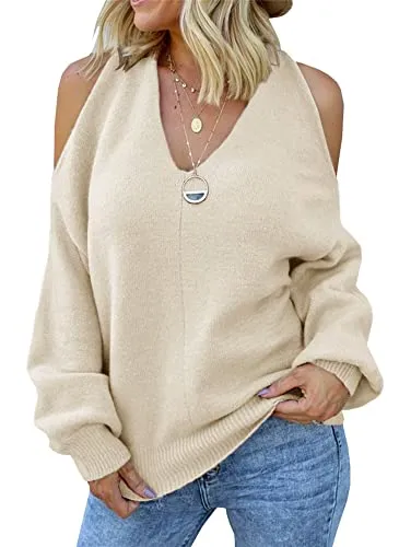 Women's Cold Shoulder Oversized Sweaters Batwing Long Sleeve Square Neck Chunky Knit Fall Tunic Sweater Tops