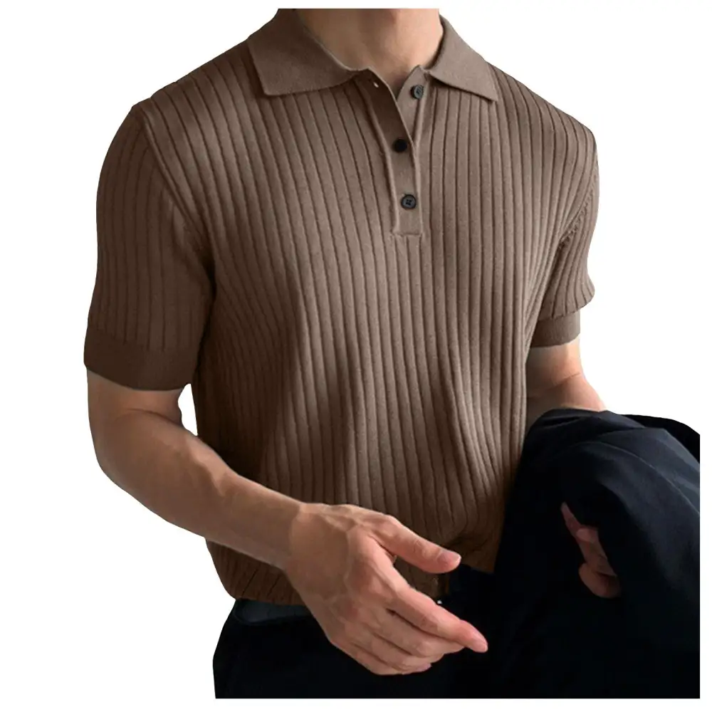 Sporty Ribbed Short Sleeve Fine Knit Polo Shirt