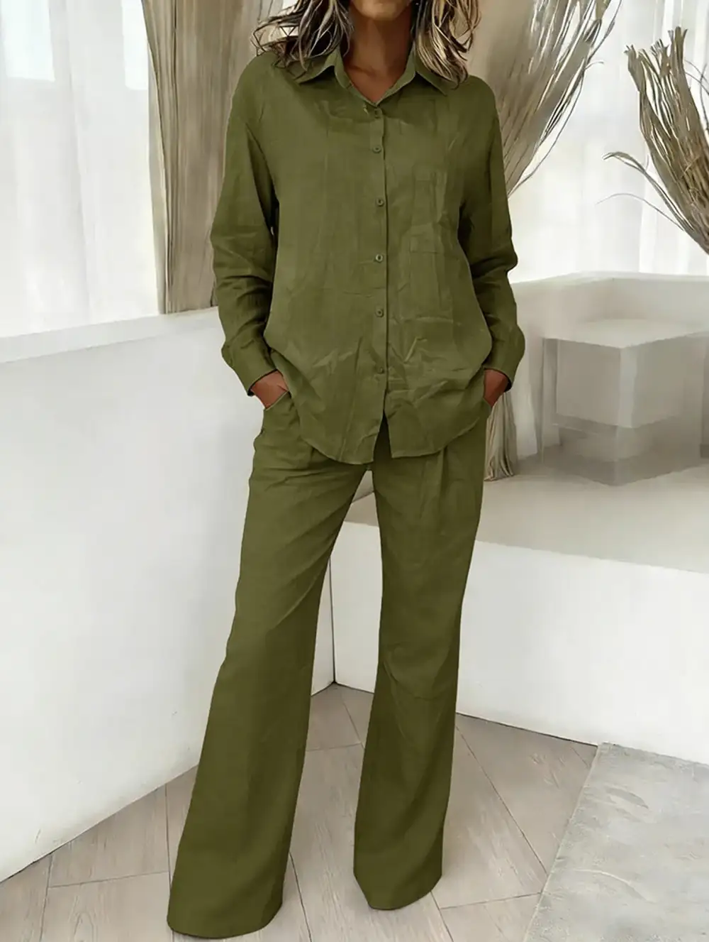 Shirt and Loose Wide-Leg Pants Suit