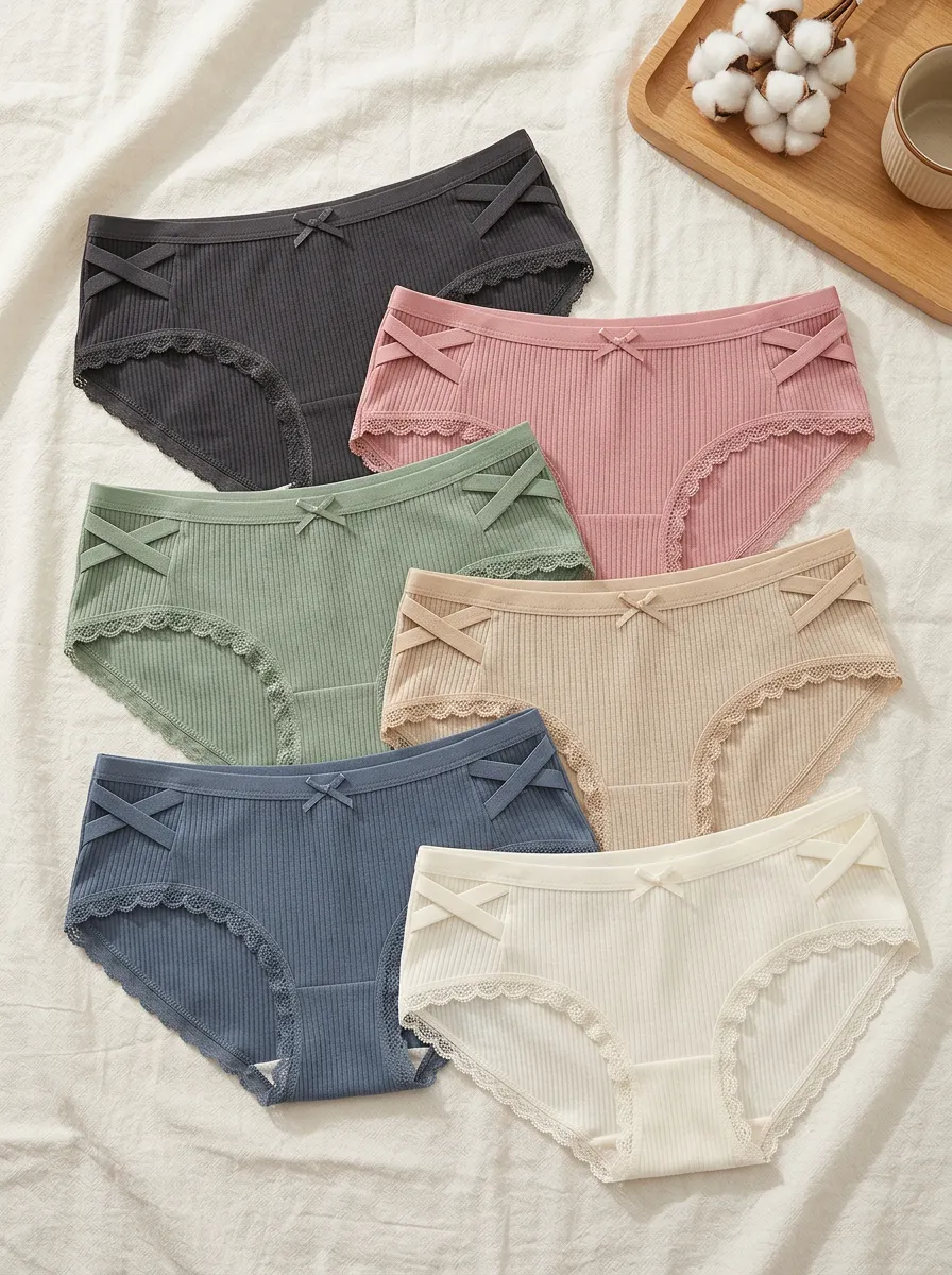 Women's Ribbed Bowknot Lace Trim Crisscross Printed Panties 6-Pack