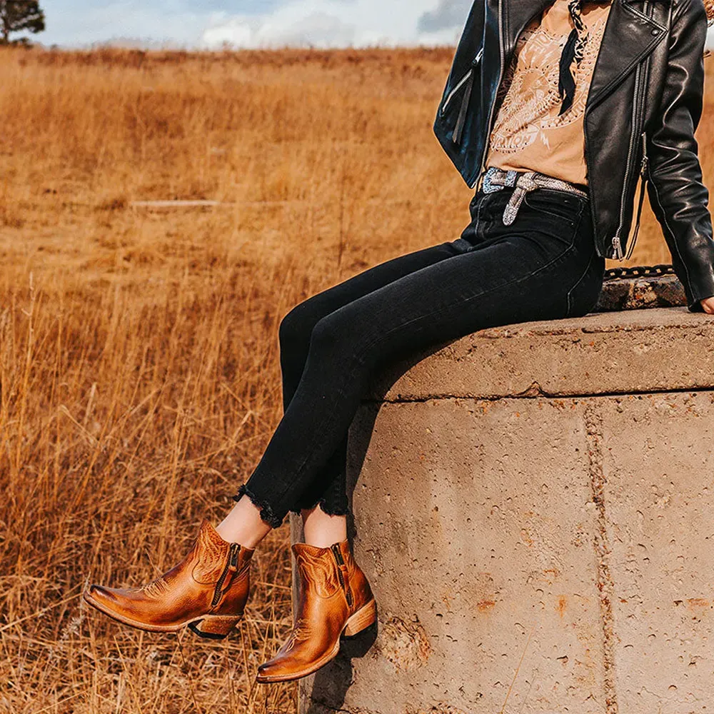Faux-Leather Distressed Embroidered Zip-Up Western Boots