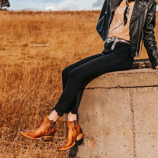 Faux-Leather Distressed Embroidered Zip-Up Western Boots