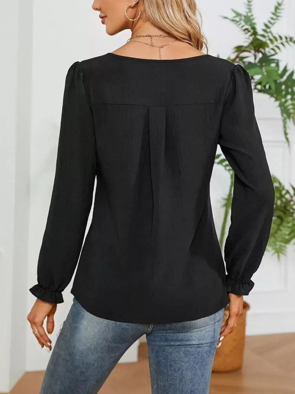Notched-Neck Ruffle-Cuff Blouse