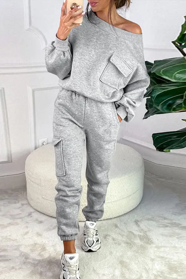 Grey Pocket Slash-Neck Pant Set