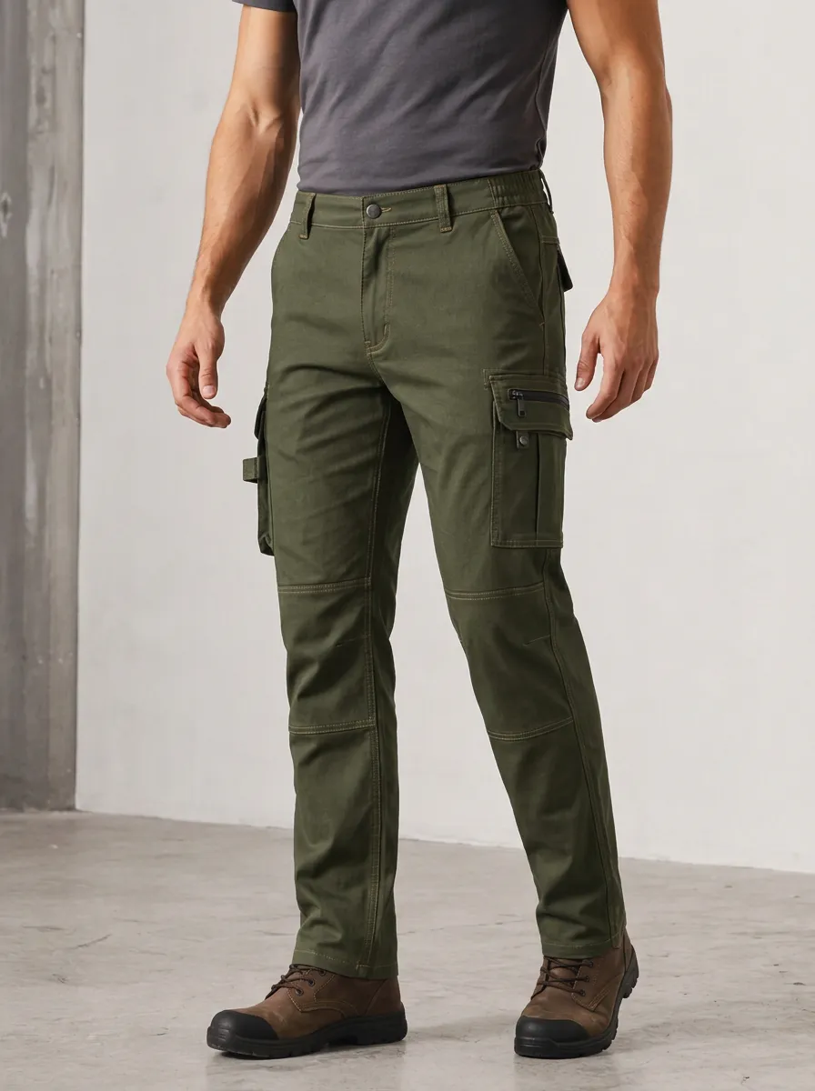 Men's Olive Green Utility Cargo Pants with Reinforced Knee Detail