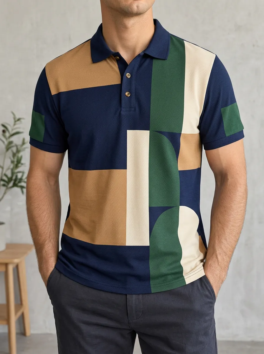Men's Geometric Colorblock Pattern Printed Polo Shirt Off Duty Casual Style
