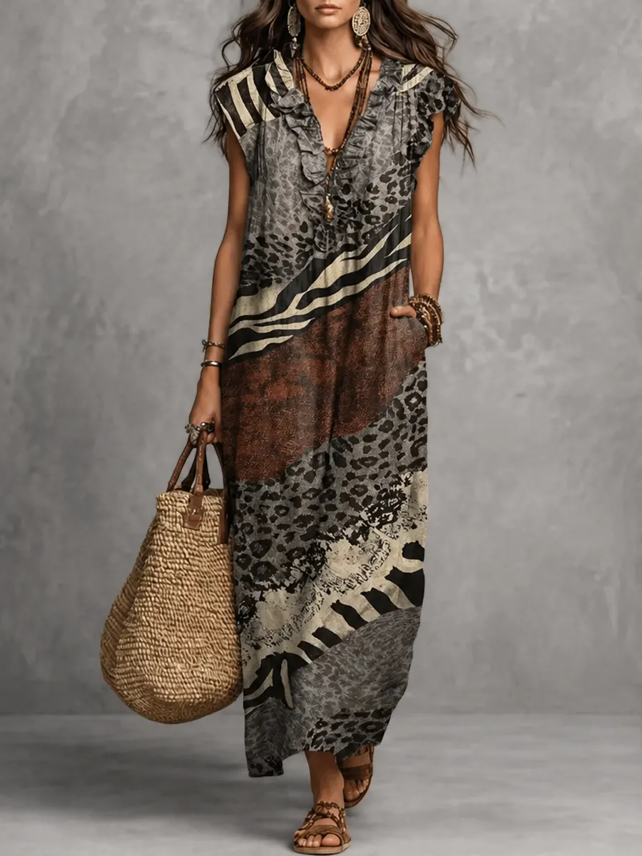 Ruffled Printed Sleeveless Neck Maxi Dress