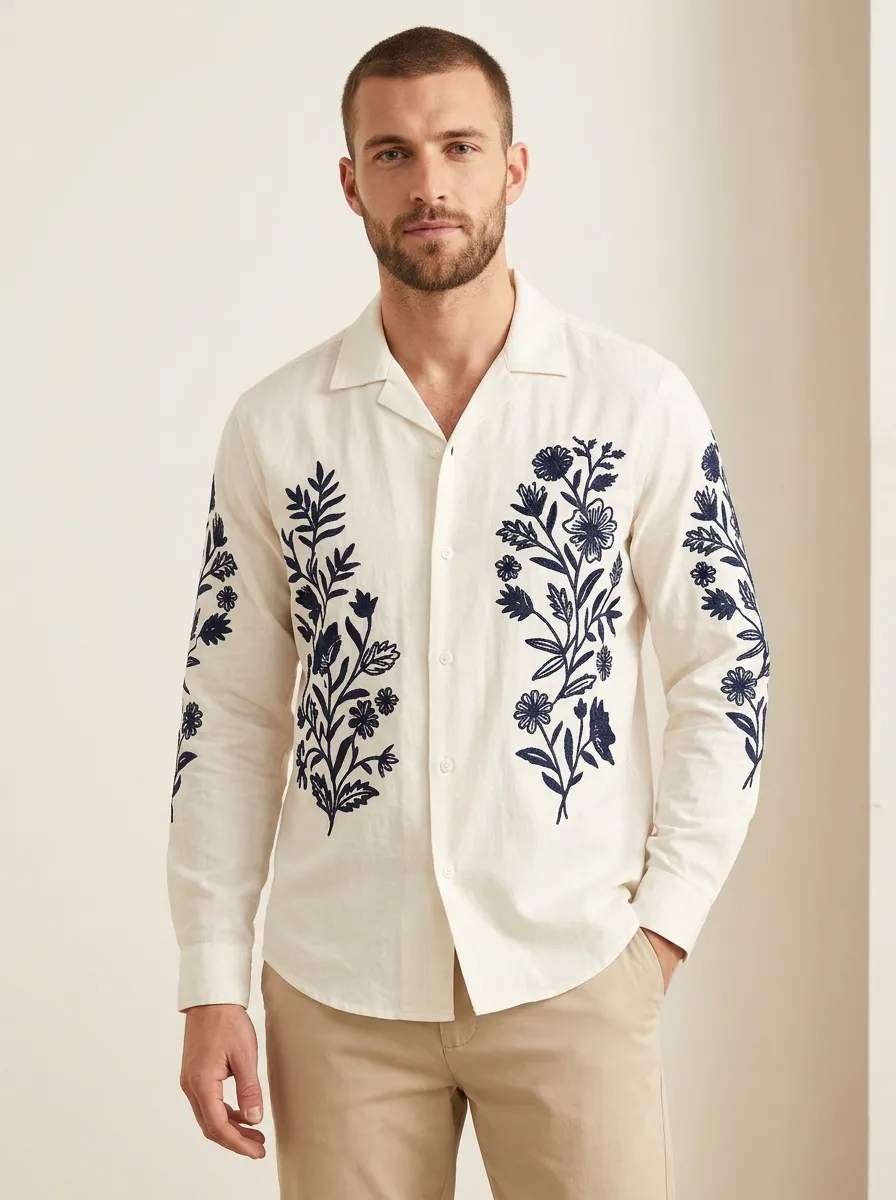 Men's Refined Botanical Nature Embroidered Linen Shirt