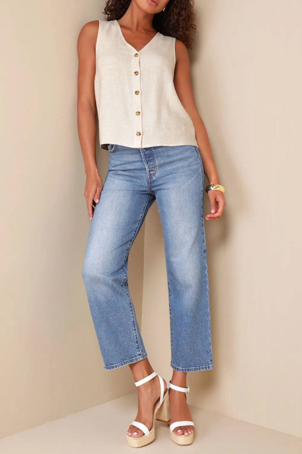Casual Style Linen Sleeveless Button-Front Top
