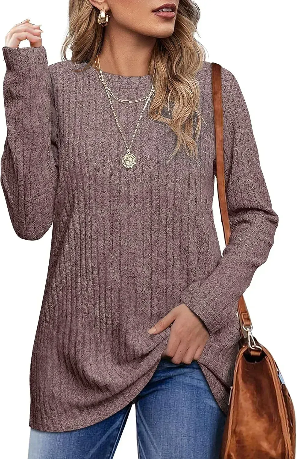 OFEEFAN Long Sleeve Shirts for Women Lightweight Crew Neck Casual Tunic Tops