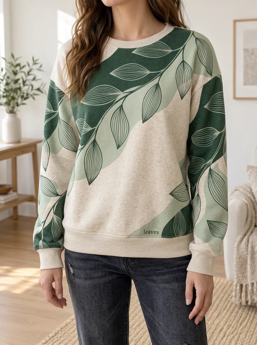 Women's Nature Lover Green Leaf Pattern Printed Fleece Sweatshirt
