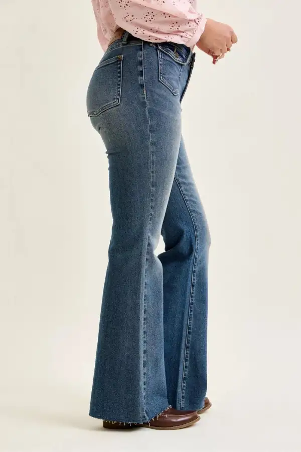 Mid Rise Raw Hem Flare Jeans