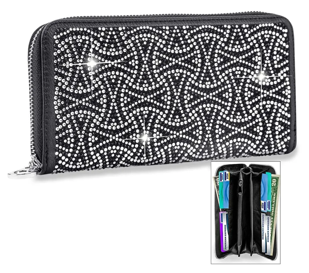 Minimal Detail Crystal Accent Faux Leather Accordion Wallet