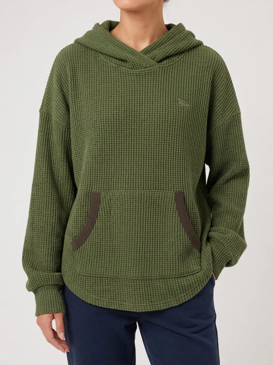 Easygoing Layered Waffle Knit Hooded Pullover Top