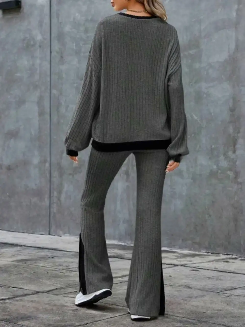 Contrast Round Neck Long Sleeve Top And Bootcut Pants Set