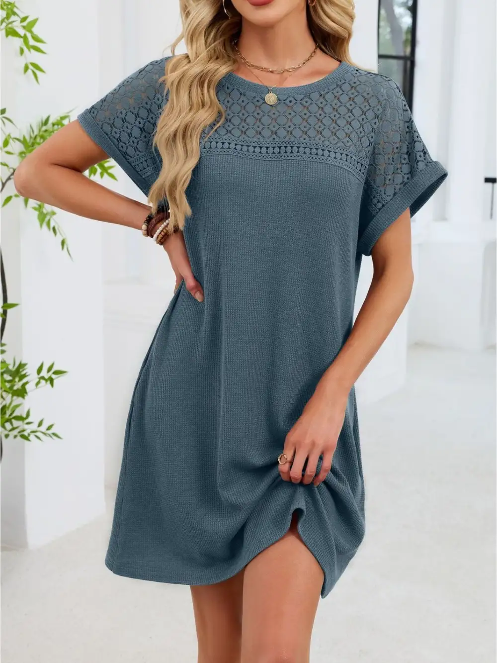 Lace Round Neck Short Sleeve Shirt Dress