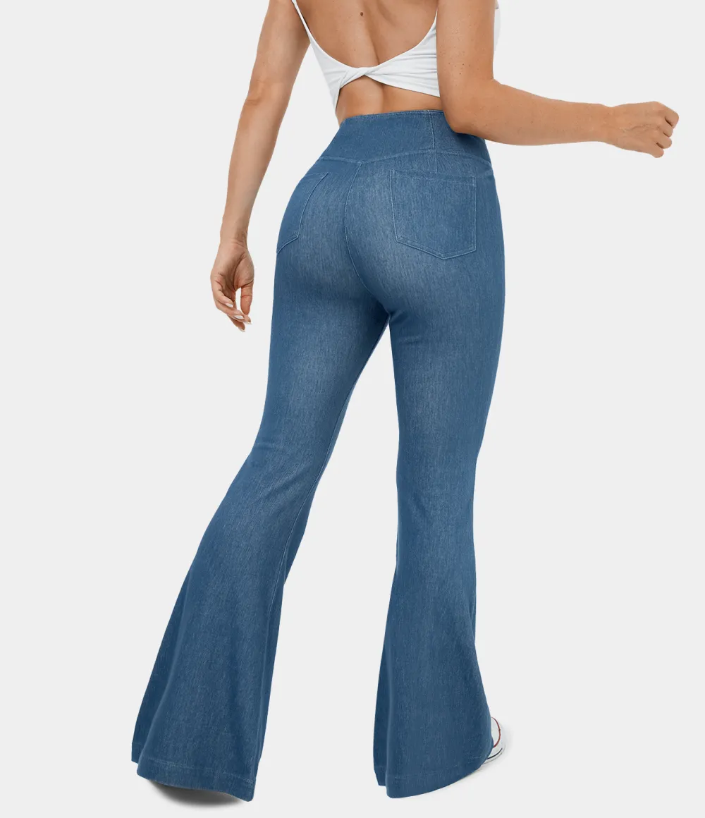 Magic High Waisted Crossover Back Pocket Stretchy Knit Casual Flare Jeans