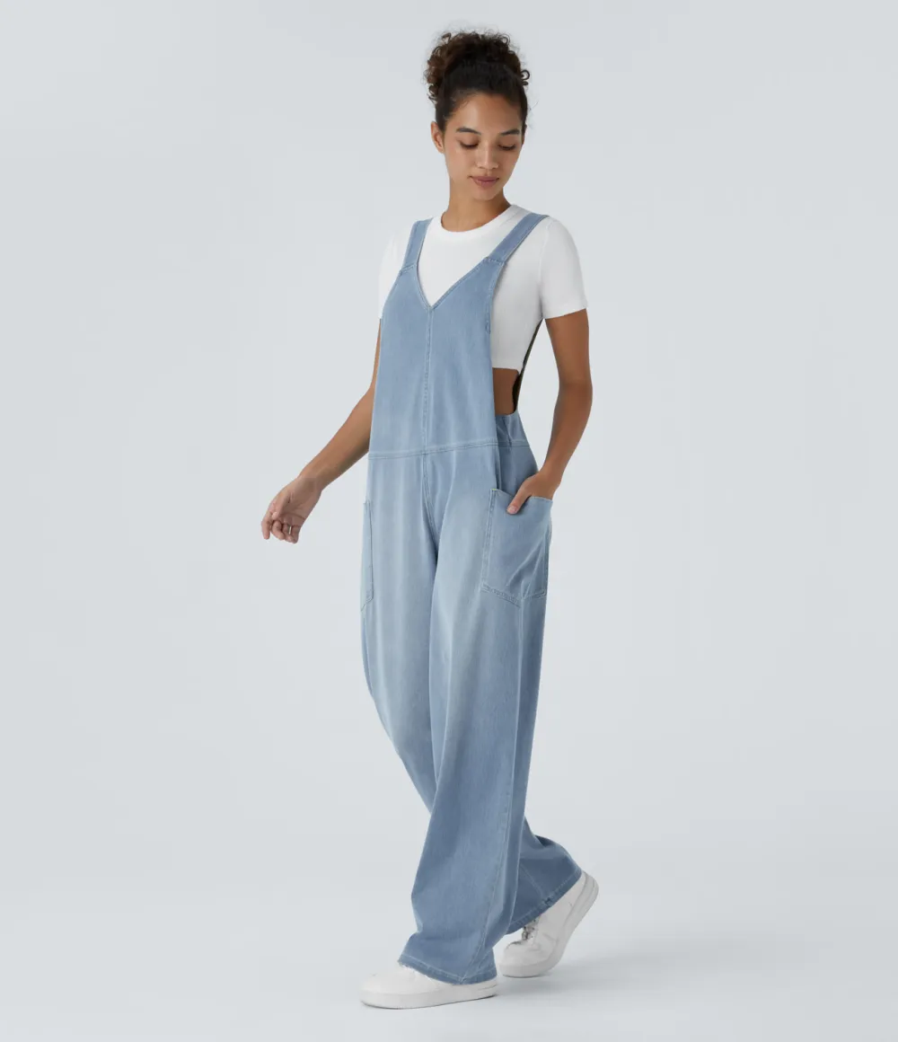 Magic V Neck Side Pocket Washed Stretchy Knit Denim Casual Overalls