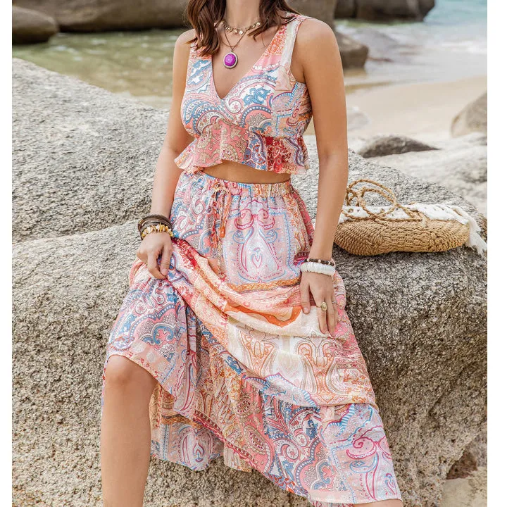 Printed V Neck Top and Midi Skirt Set