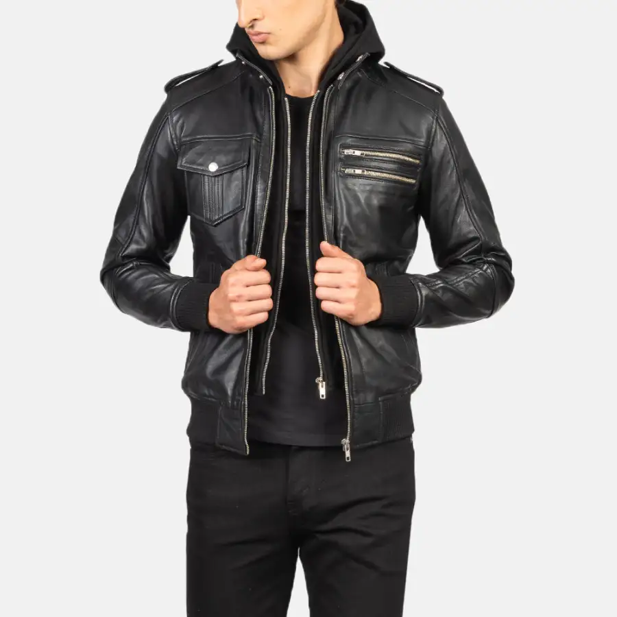 Men's Bomber Hooded Leather Jacket