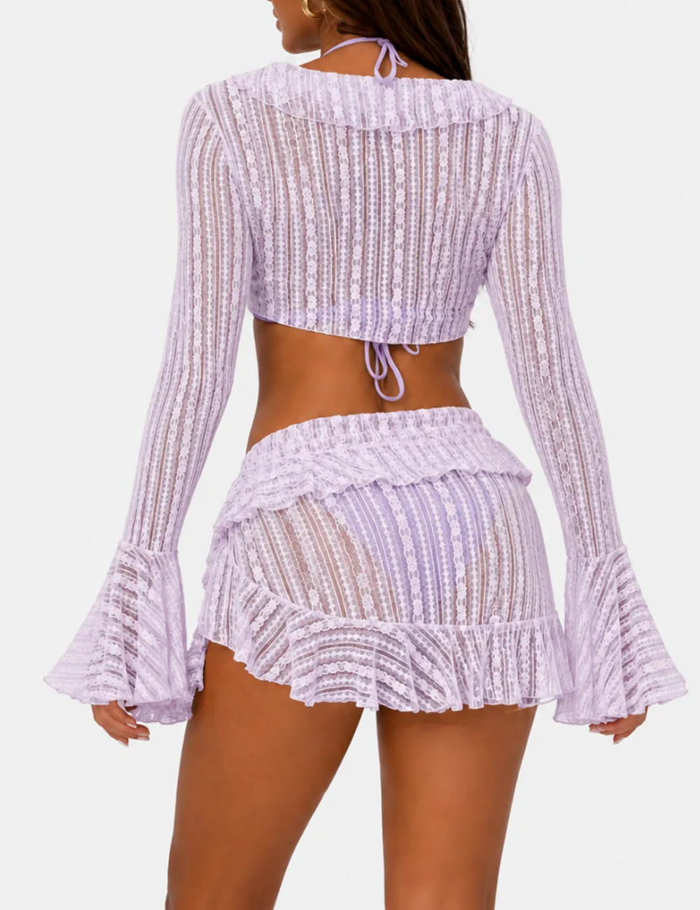 Solid Color Triangle Bikini Four Piece Set with Cover Up and Mini Skirt