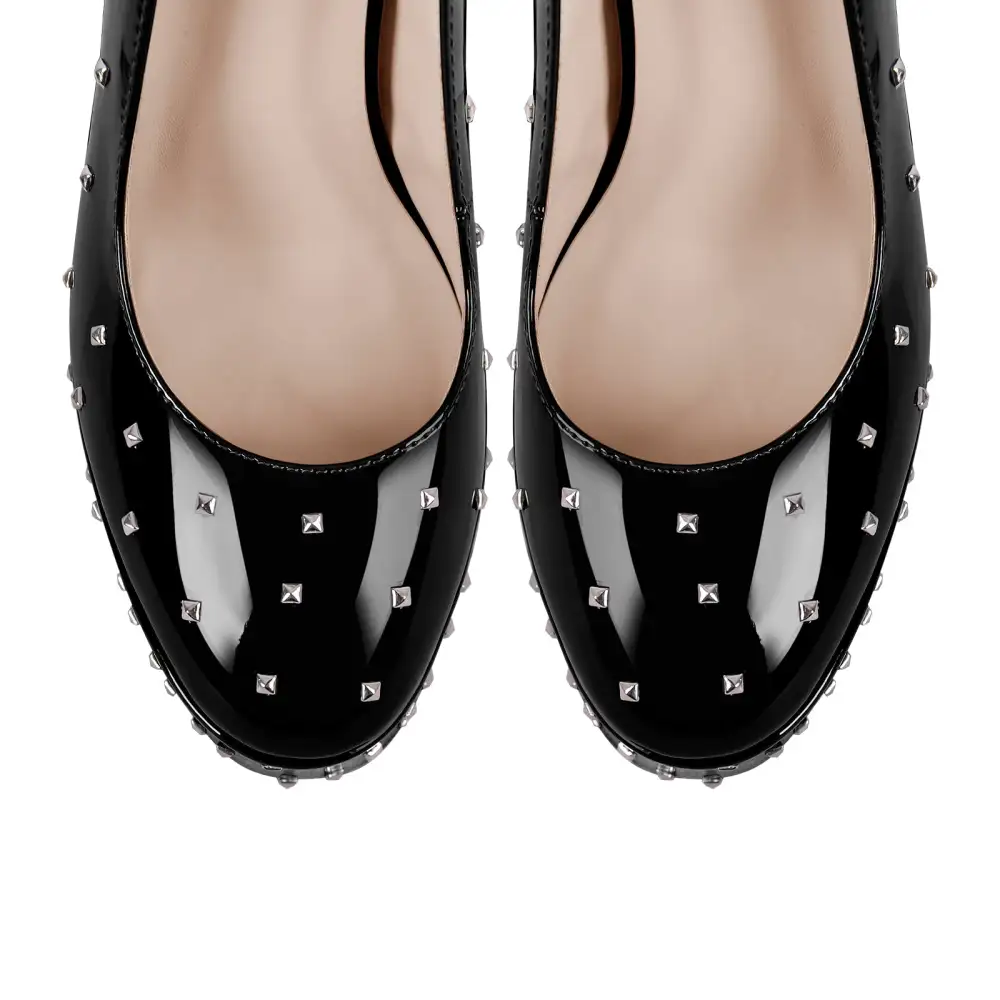 Rivet Round Toe Platform Chunky Heel Ankle Strap Pumps