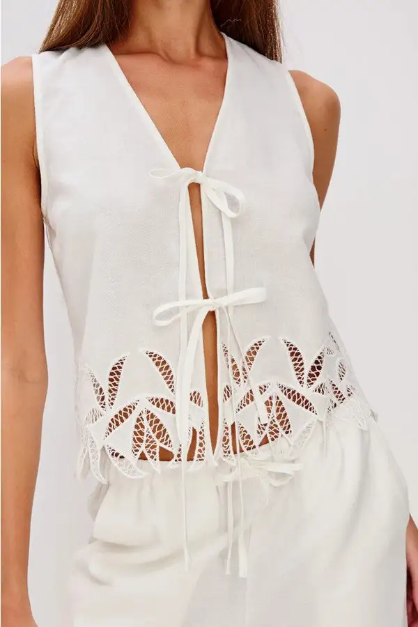 White Palm Embroidered Linen Top
