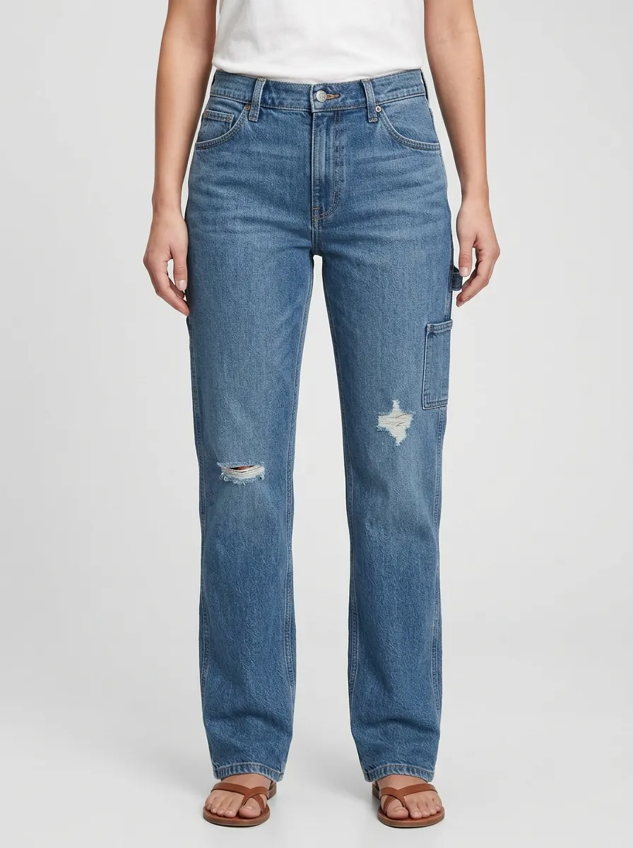 Women's Carpenter Side-Pocket Knee-Distressed Mid-Rise Straight-Leg Jeans