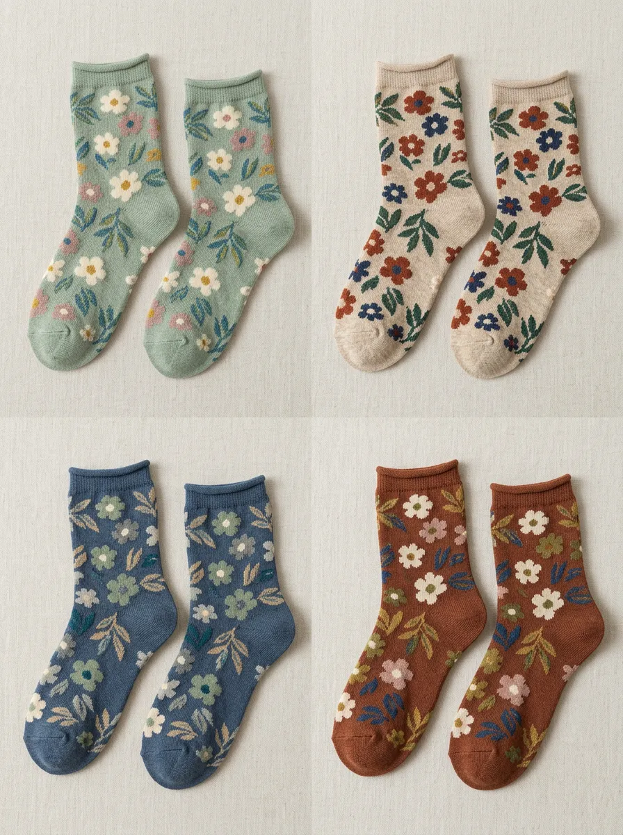 Women's Leaf Mid-Calf Crew Socks Four Pair Set