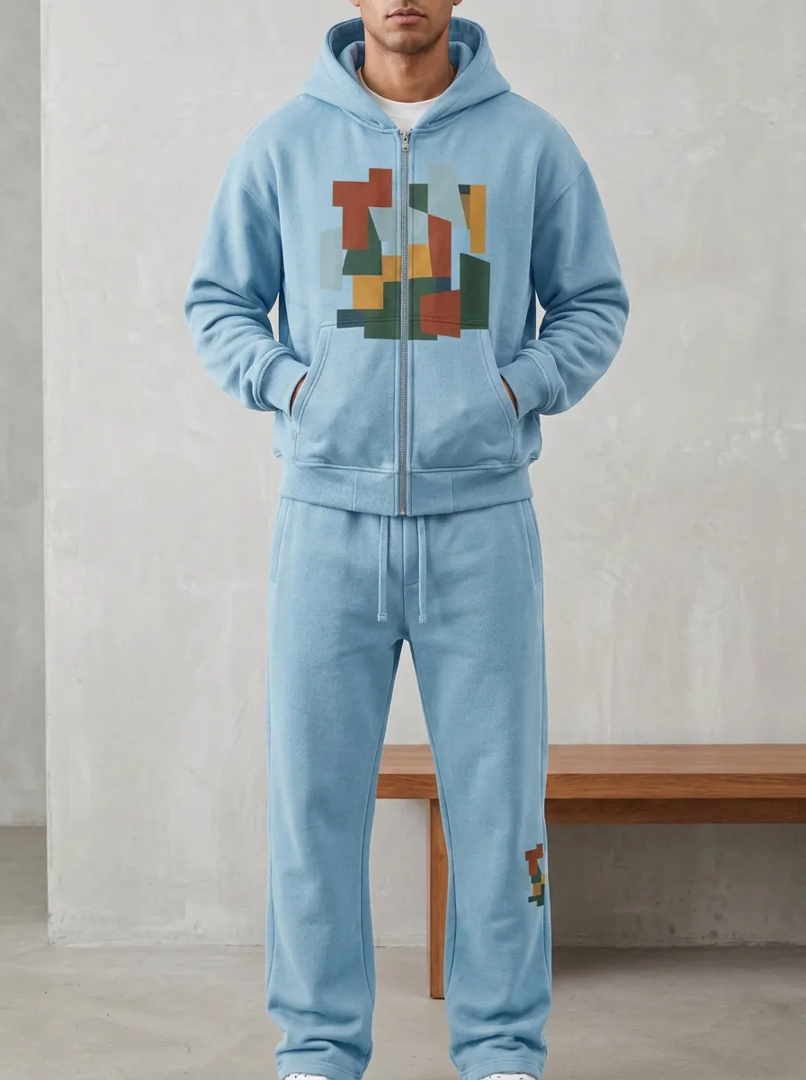 Men's Abstract Geometric Pattern Printed Zip-up Hoodie Sweatsuit