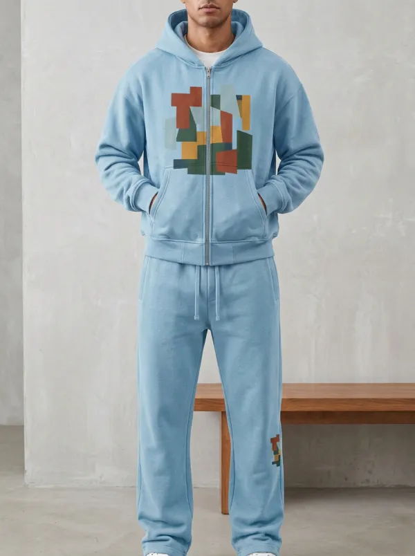 Men's Abstract Geometric Pattern Printed Zip-up Hoodie Sweatsuit
