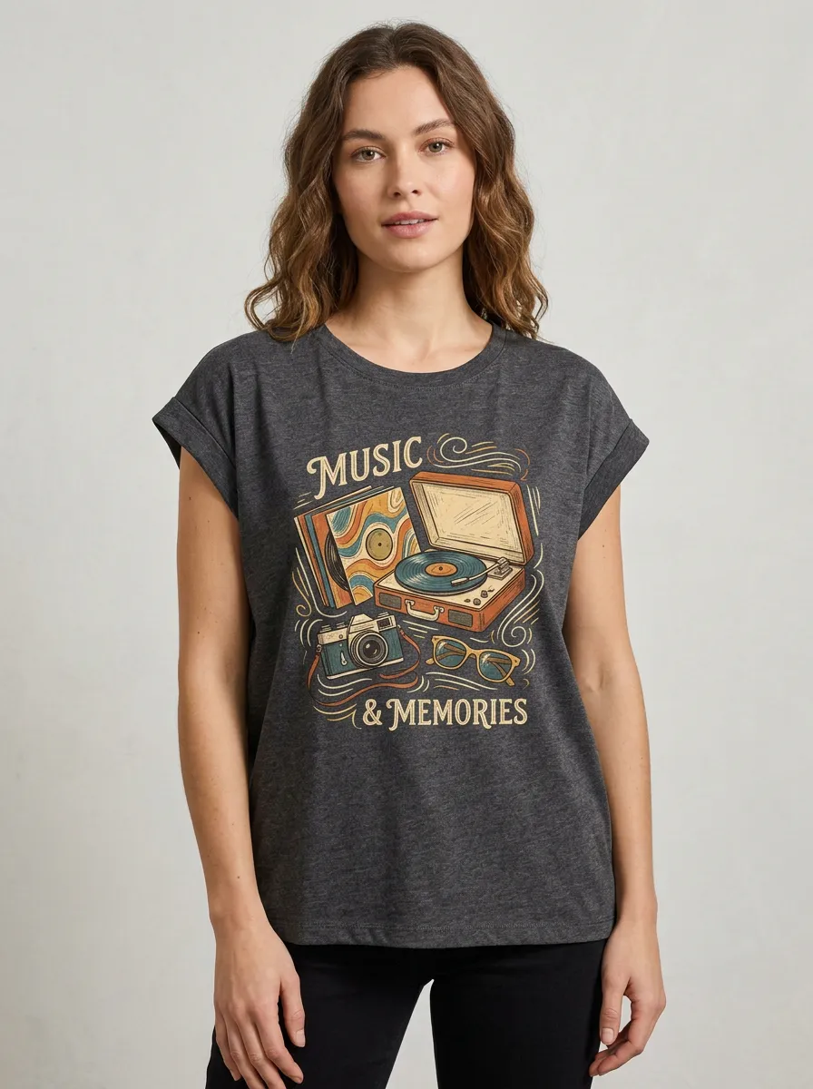 Women's Music Retro Record Player Camera Graphic T-Shirt
