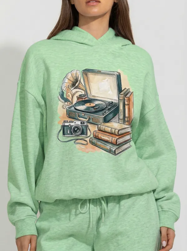 Women's Vintage Record Player Camera Books Printed Hoodie