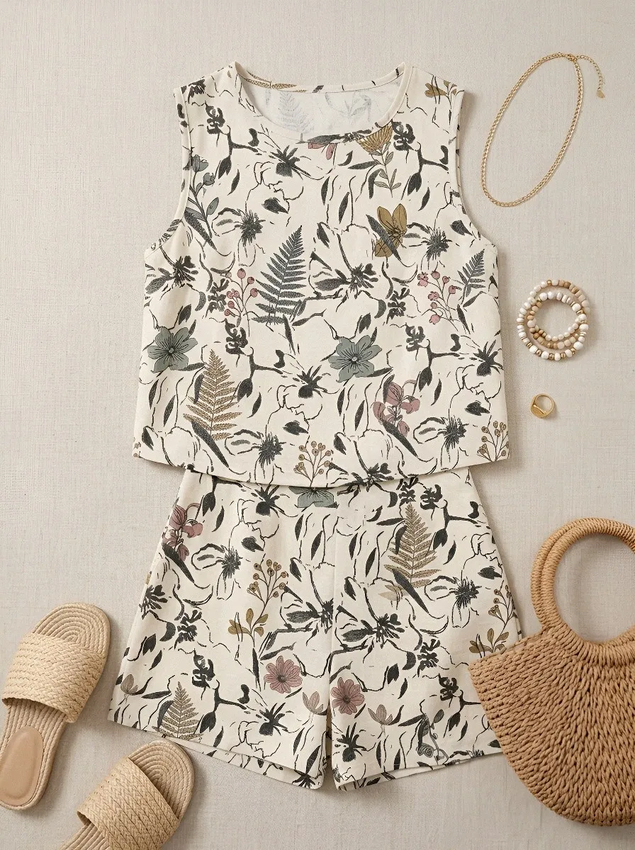 Women's Botanical Floral Fern Printed Sleeveless Short Set