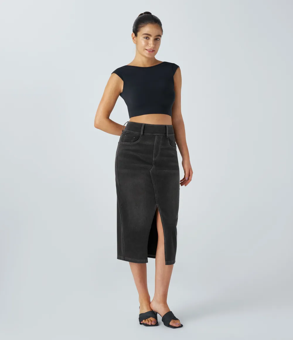 Magic High Waisted Multiple Pockets Bodycon Split Washed Stretchy Knit Denim Casual Midi Skirt