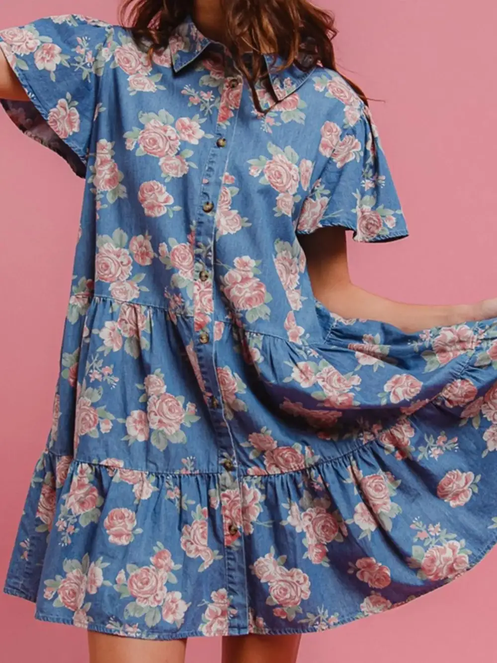 Floral Printed Denim Mini Dress