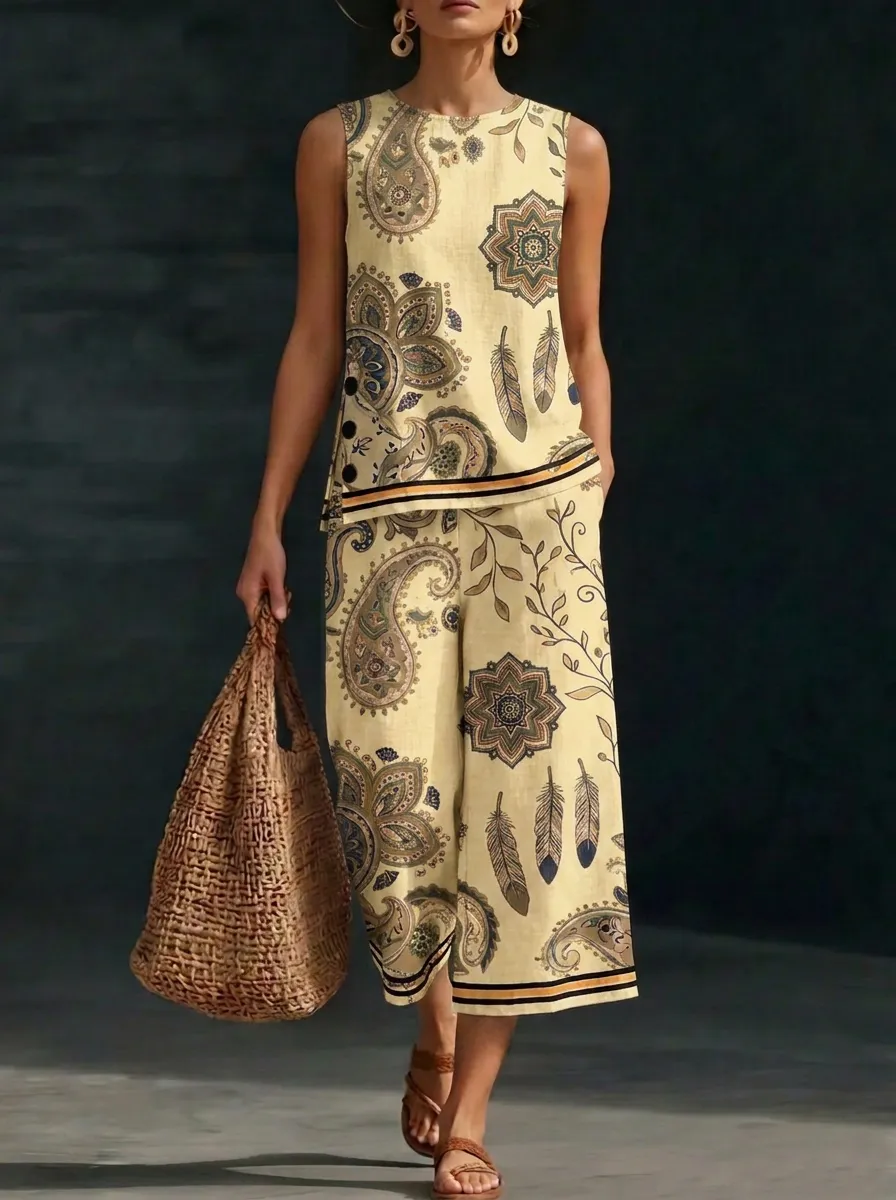 Women's Bohemian Paisley Feather Printed Sleeveless Set