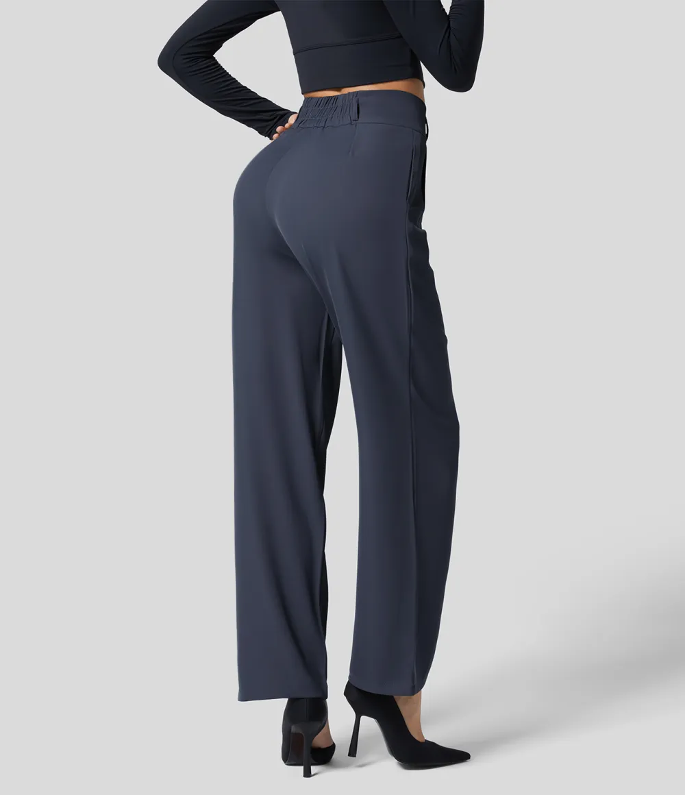 High Waisted Button Zipper Plicated Side Pocket Shirred Straight Leg Work Pants