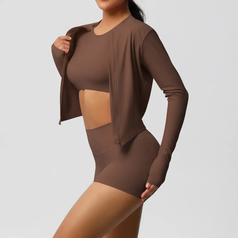 Zip-Front Long-Sleeve Jacket, Bra and Shorts Active Set