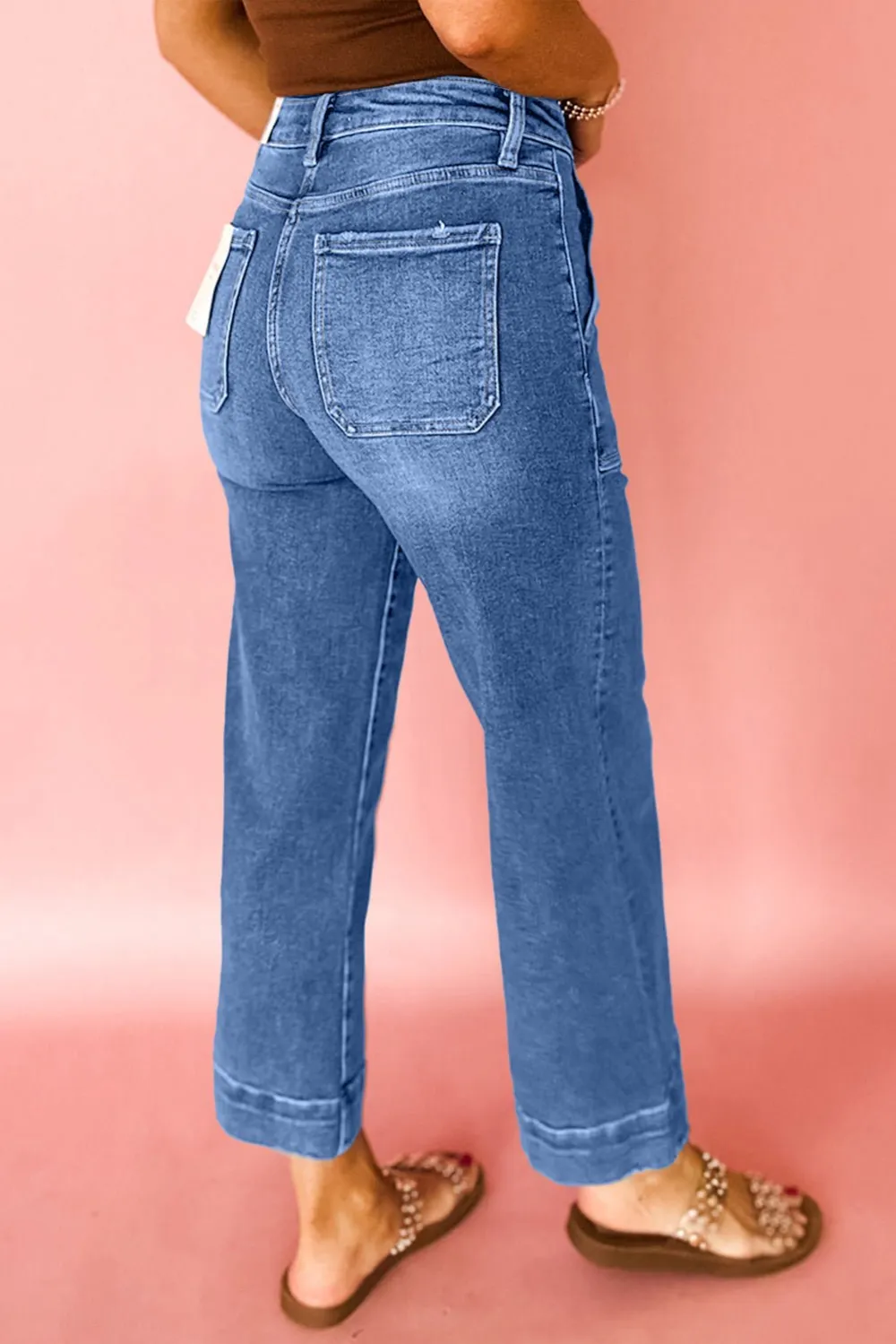 High Waist Wide Leg Cropped Pocketed Casual Jeans