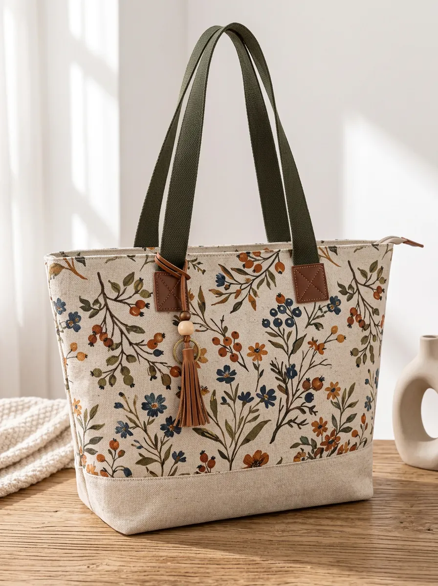 Women's Structured Botanical Floral Berry Printed Canvas Shoulder Tote Bag