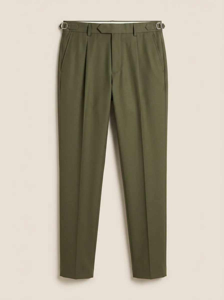 Men's Olive Green Side Adjuster Pleated Formal Trousers