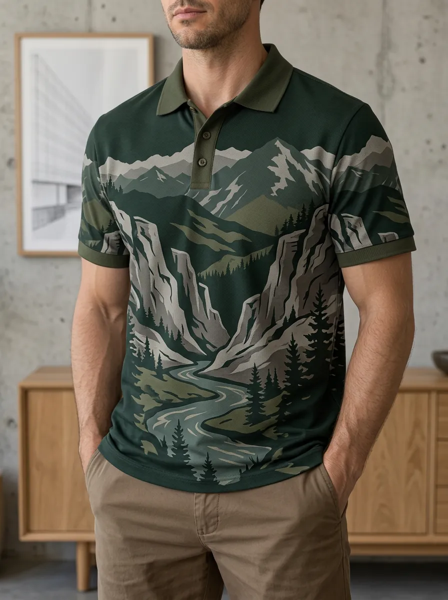 Men's Outdoor Nature Lover Mountain River Printed Polo Shirt Relaxed Daily Style