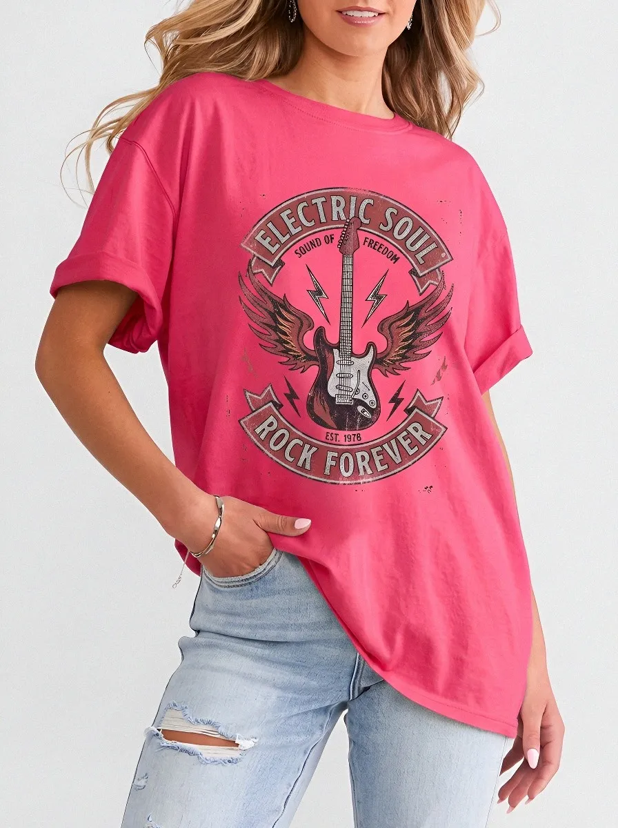 Women's Rock Music Lover Electric Guitar Wings Printed T-shirt