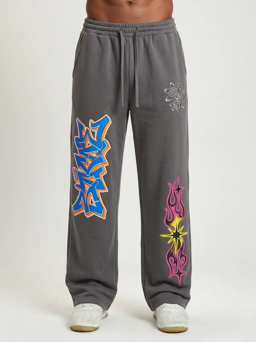 Unisex Streetwear Graffiti Floral Flame Sweatpants