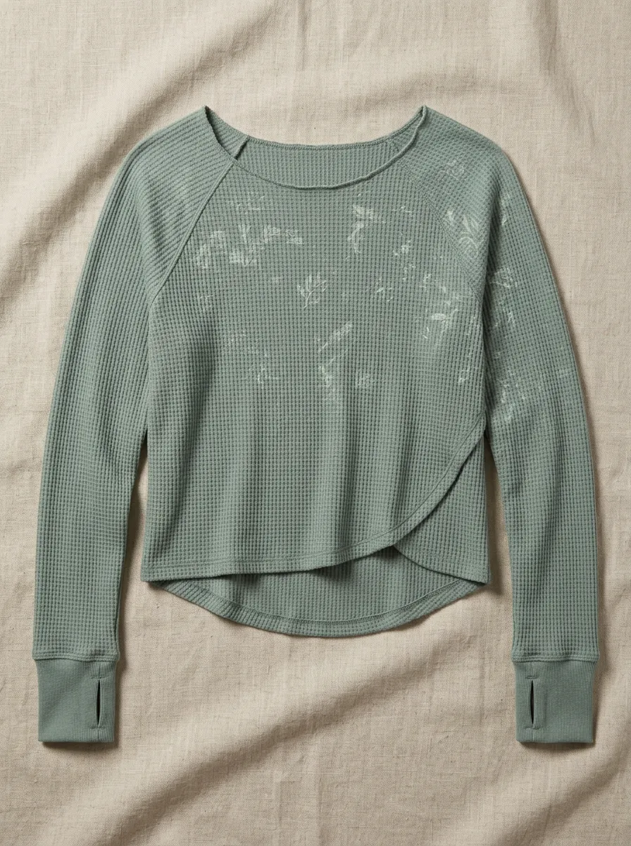 Women's Athletic Floral Leaf Printed Waffle Knit Long Sleeve Top