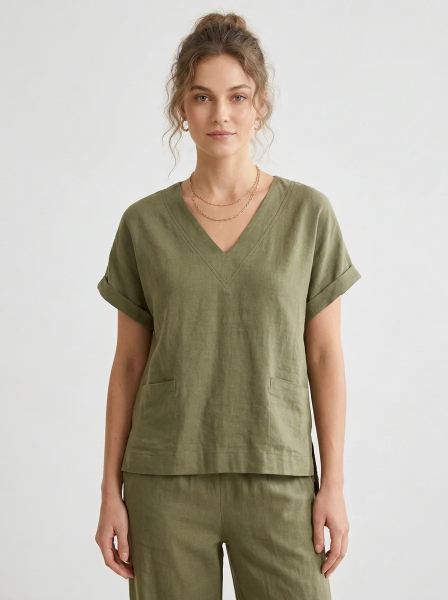 Short-Sleeve Linen-Blend Relaxed Women's V-Neck Casual Lounge Set