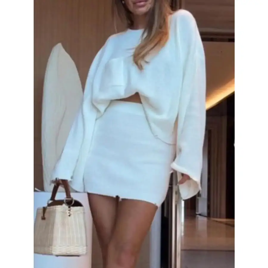 Ribbed Knit Long Sleeve Top and Skirt Sweater Set